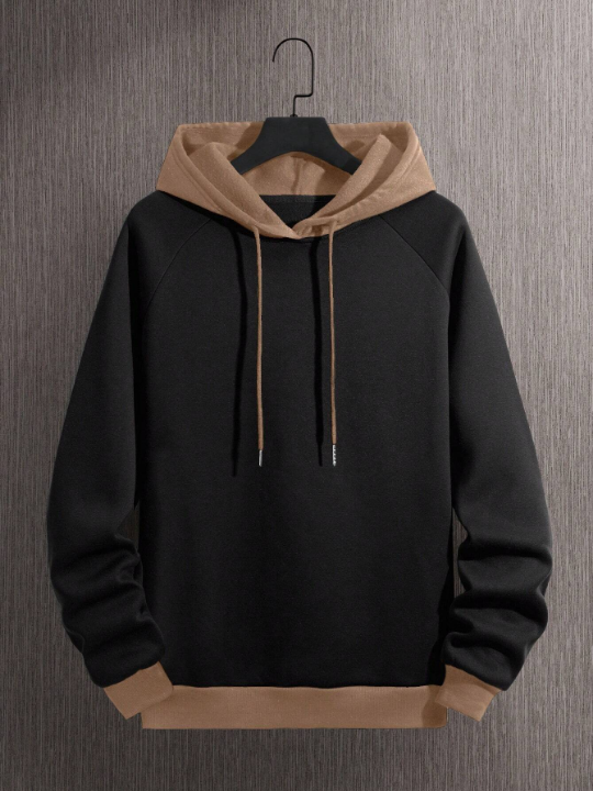 Men Colorblock Raglan Sleeve Drawstring Thermal Lined Hoodie