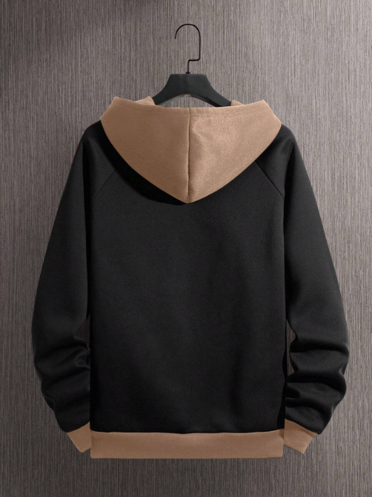 Men Colorblock Raglan Sleeve Drawstring Thermal Lined Hoodie