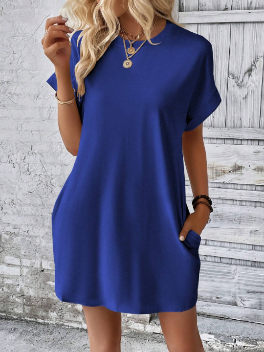 LUNE Solid Hidden Pocket Batwing Sleeve Tee Dress