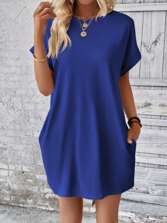 LUNE Solid Hidden Pocket Batwing Sleeve Tee Dress