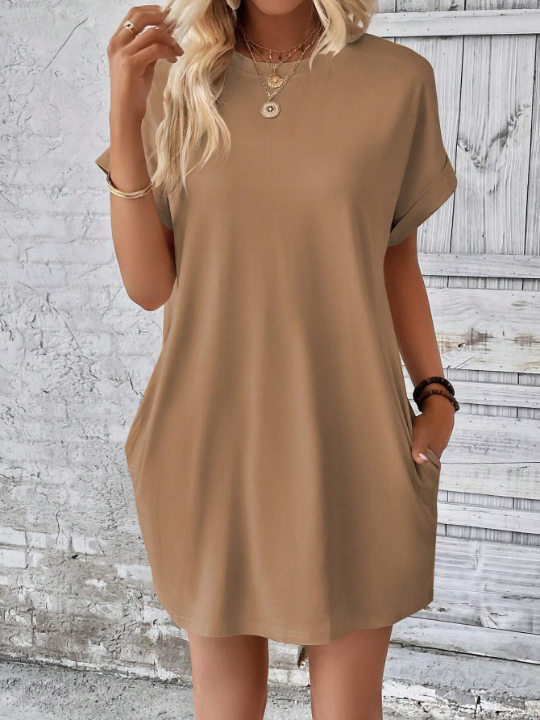 LUNE Solid Batwing Sleeve Tee Dress