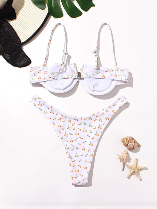 Women's Sexy Floral Print V-Neck Push Up Bikini Set With Steel Support Bra And Triangle Bottom