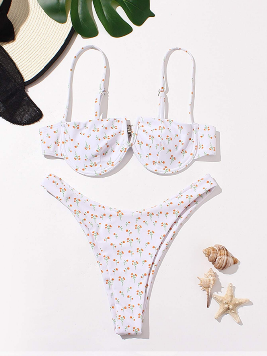 Women's Sexy Floral Print V-Neck Push Up Bikini Set With Steel Support Bra And Triangle Bottom