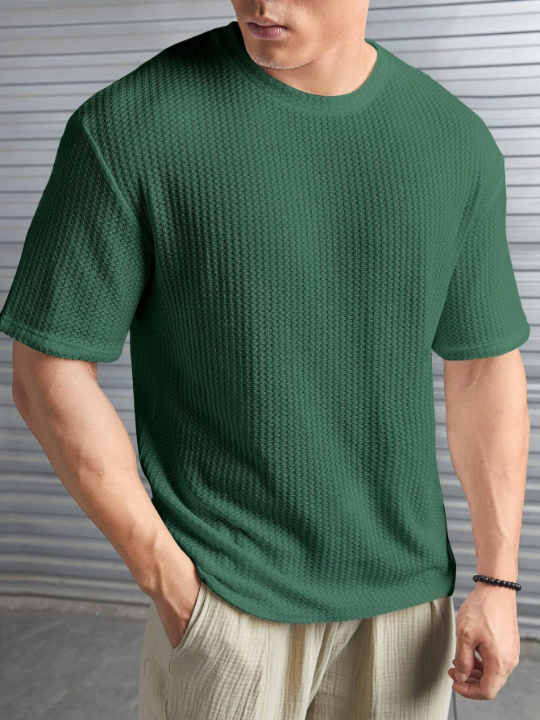 Manfinity Homme Loose Fit Men's Solid Color Waffle Knit T-Shirt