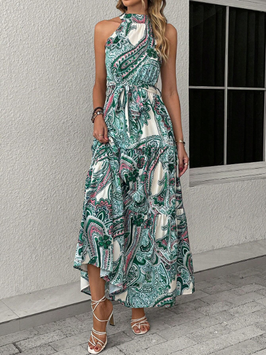 LUNE Paisley Print Ruffle Hem Belted Halter Dress