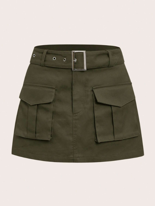 EZwear Grunge Black  Flap Pocket Buckle Belted Cargo Skirt-ArmyGreen