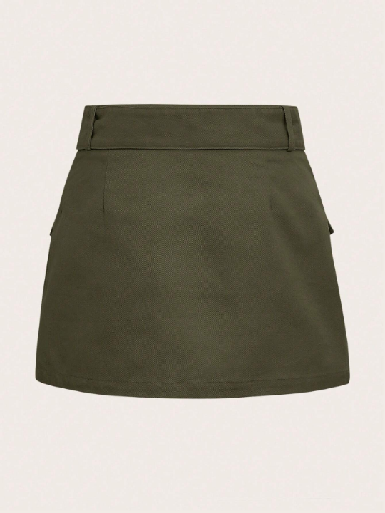 EZwear Grunge Black  Flap Pocket Buckle Belted Cargo Skirt-ArmyGreen