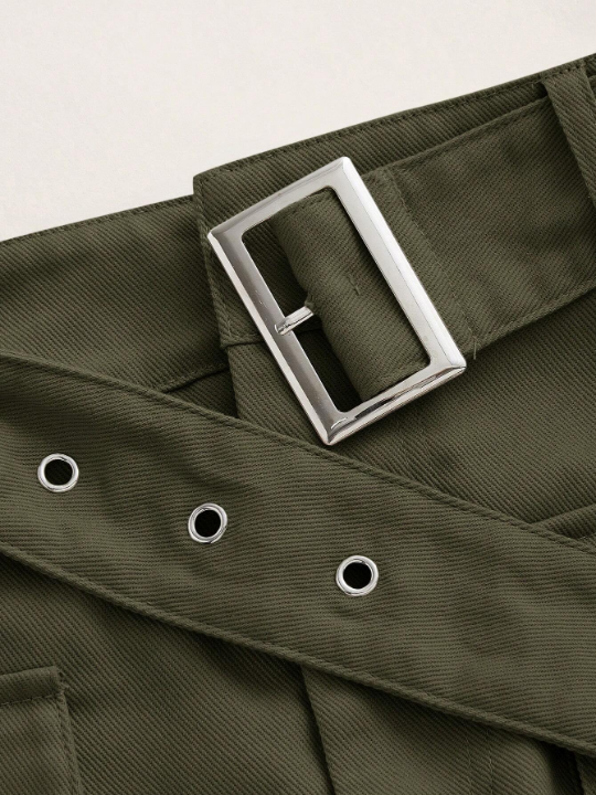 EZwear Grunge Black  Flap Pocket Buckle Belted Cargo Skirt-ArmyGreen