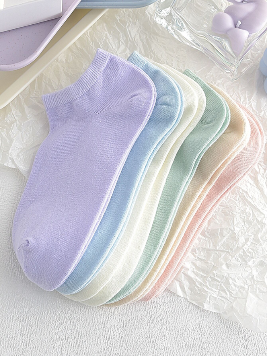 6pairs/set Random Pure Color Simple & Versatile Women's Short Socks For Casual & Sports