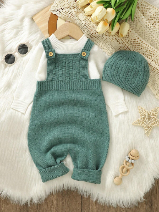 Baby Boy Solid Knit Jumpsuit & Hat Without Tee