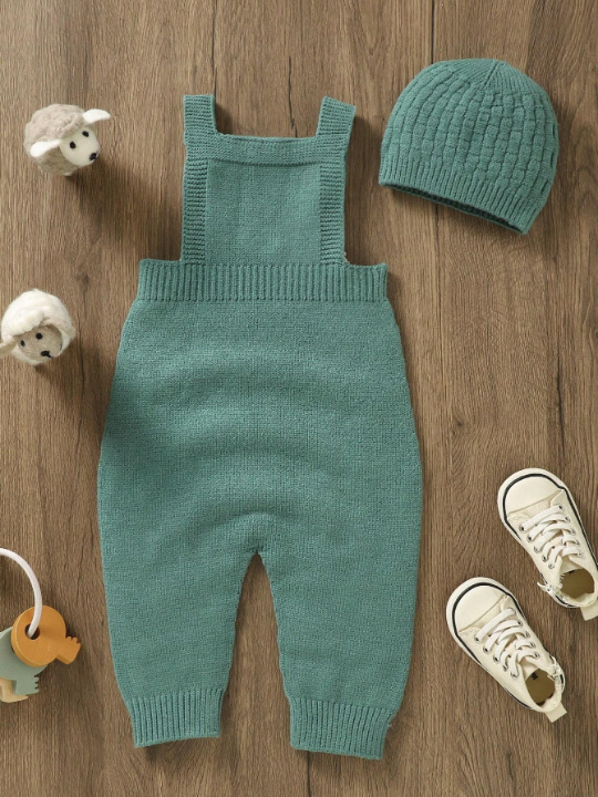 Baby Boy Solid Knit Jumpsuit & Hat Without Tee