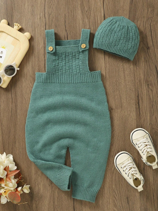 Baby Boy Solid Knit Jumpsuit & Hat Without Tee