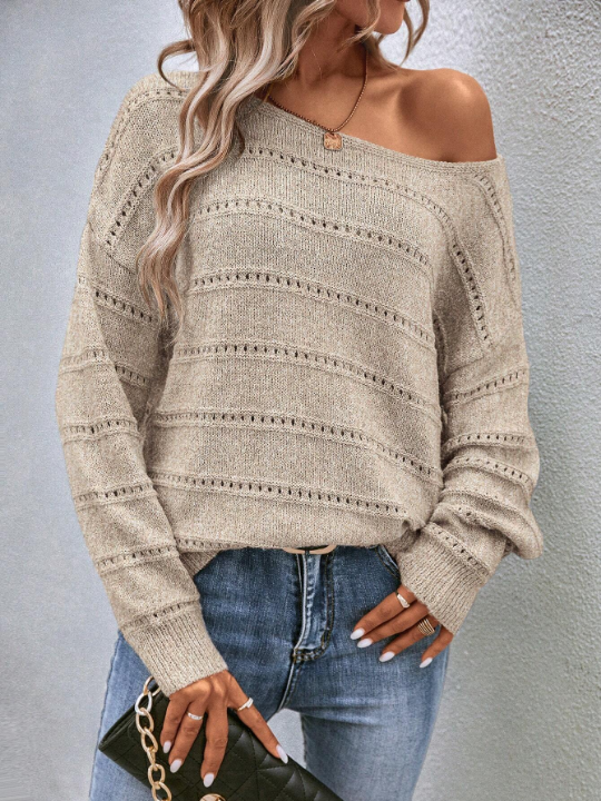 LUNE Boat Neck Pointelle Knit Drop Shoulder Sweater