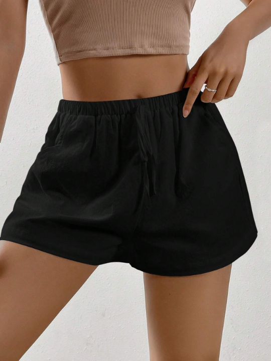 EZwear Black ShortsSolid Knot Waist Shorts