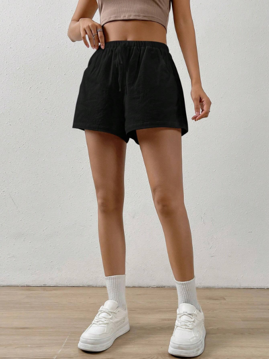 EZwear Black ShortsSolid Knot Waist Shorts