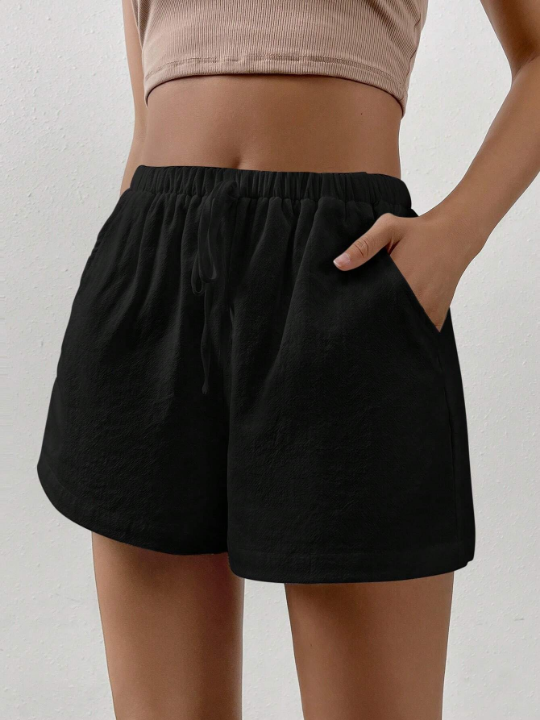 EZwear Black ShortsSolid Knot Waist Shorts