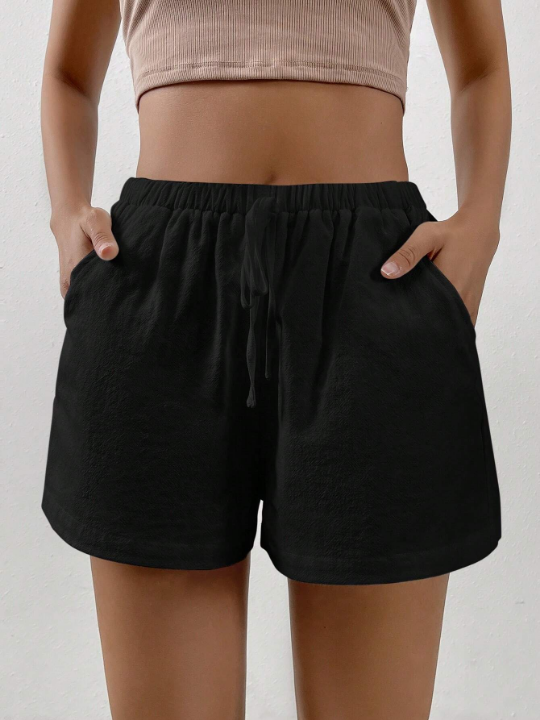 EZwear Black ShortsSolid Knot Waist Shorts