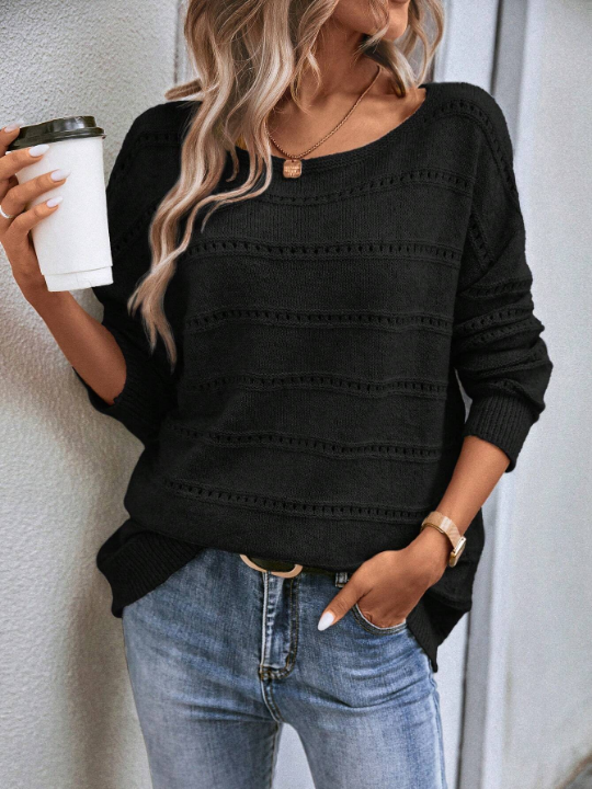 LUNE Solid Drop Shoulder Pointelle Knit Sweater