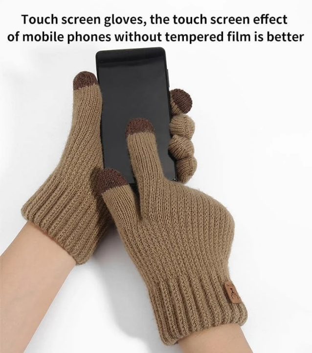 1 Pair Women's Coffee Winter Double-layered Plush Touch Screen Texting Gloves, Knitted Deer Design Cold Weather Warm Full Gloves Suitable For Parties, Driving, Playing Games, Riding Bikes, Hiking, Writing