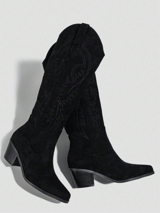 Mid-heel Pointed Toe Western Embroidery Slip-on Women's Fashion Boots