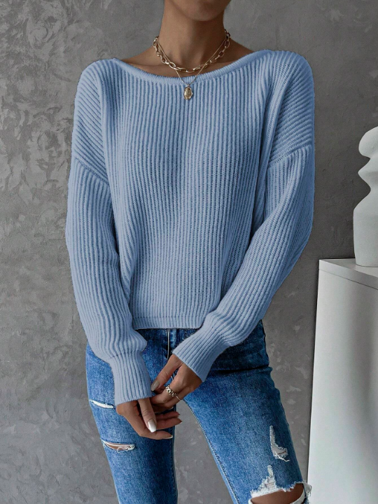 Priv Twist Backless Drop Shoulder Ribbed Knit Sweater