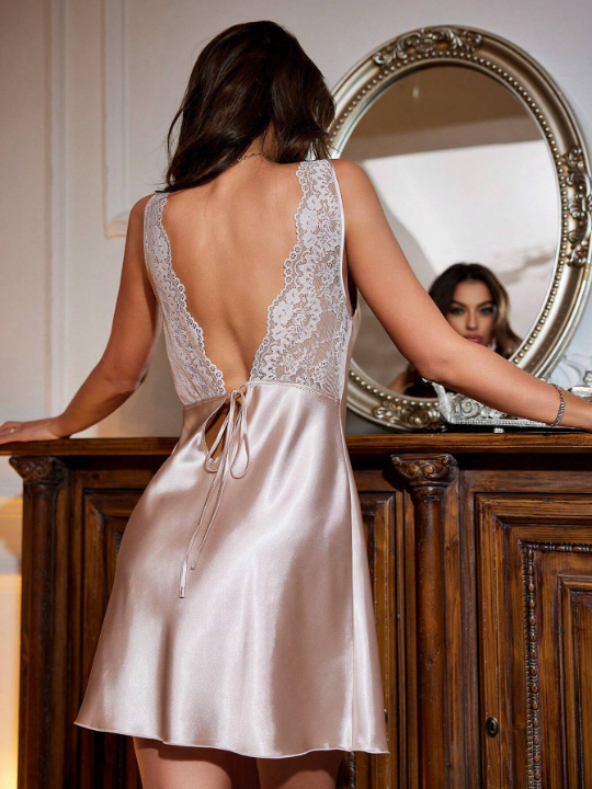 Contrast Lace Tie Backless Satin Nightdress