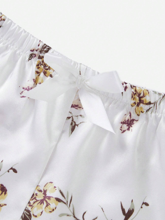 Classic Sexy Floral Lace Bralette With Floral Print Satin Shorts