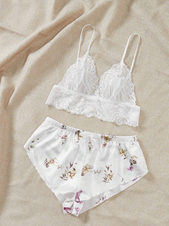 Classic Sexy Floral Lace Bralette With Floral Print Satin Shorts