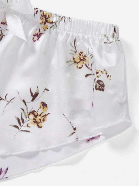 Classic Sexy Floral Lace Bralette With Floral Print Satin Shorts