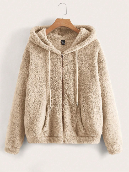 LUNE Drop Shoulder Drawstring Hooded Teddy Jacket