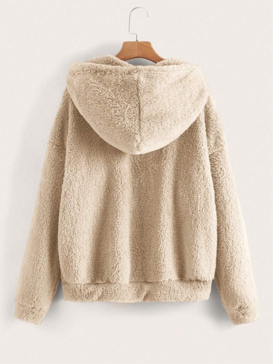 LUNE Drop Shoulder Drawstring Hooded Teddy Jacket