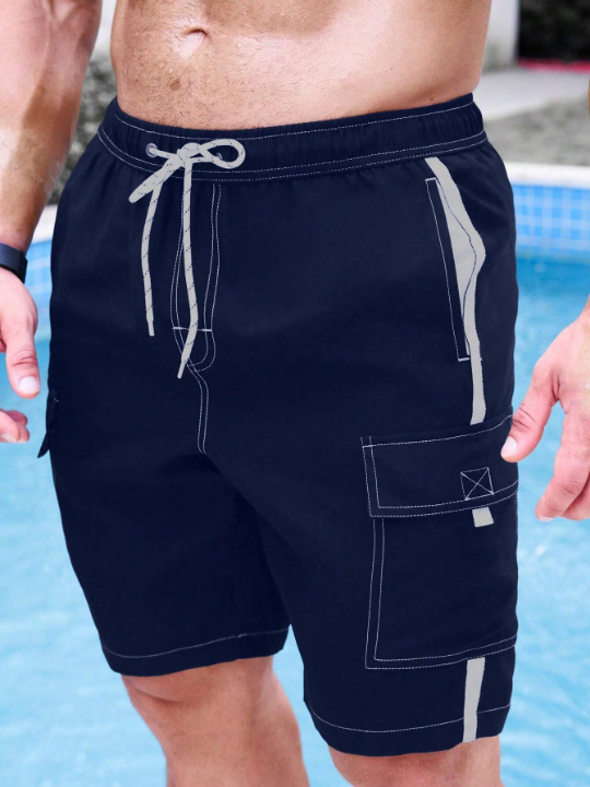 Manfinity Swimmode Men Top-stitching Flap Pocket Drawstring Waist Beach Shorts