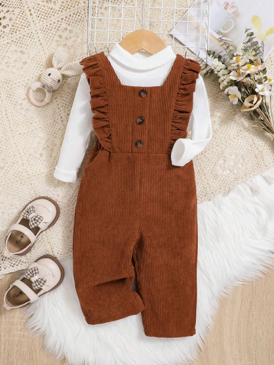 Baby Girl Ruffle Trim Corduroy Jumpsuit Without Sweater