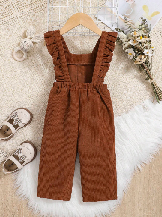 Baby Girl Ruffle Trim Corduroy Jumpsuit Without Sweater