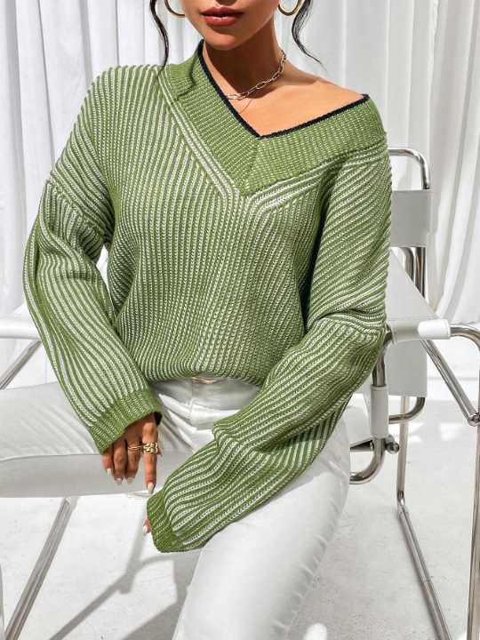 Priv Striped Pattern Drop Shoulder Sweater