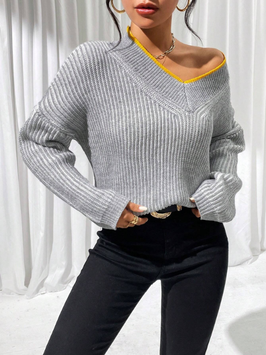 Priv Contrast Binding Drop Shoulder Ribbed Knit Sweater