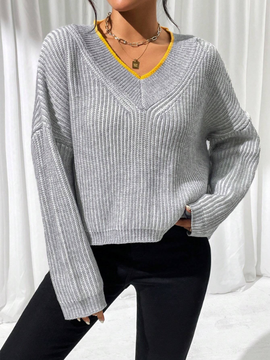 Priv Contrast Binding Drop Shoulder Ribbed Knit Sweater