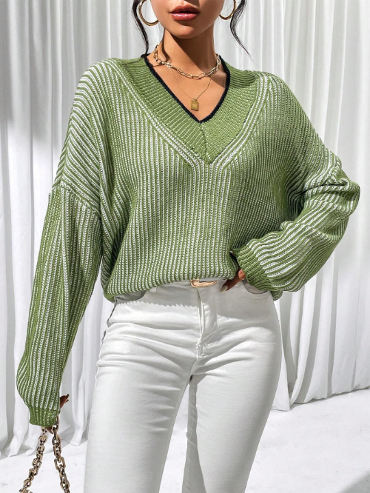 Priv Striped Pattern Drop Shoulder Sweater