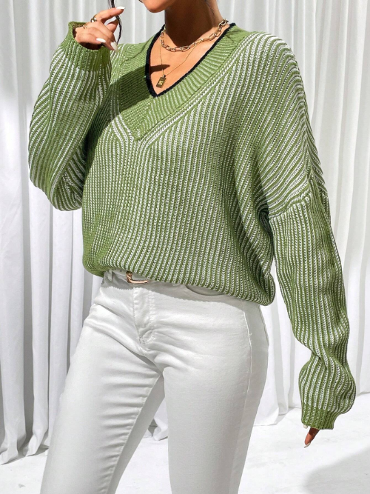 Priv Striped Pattern Drop Shoulder Sweater