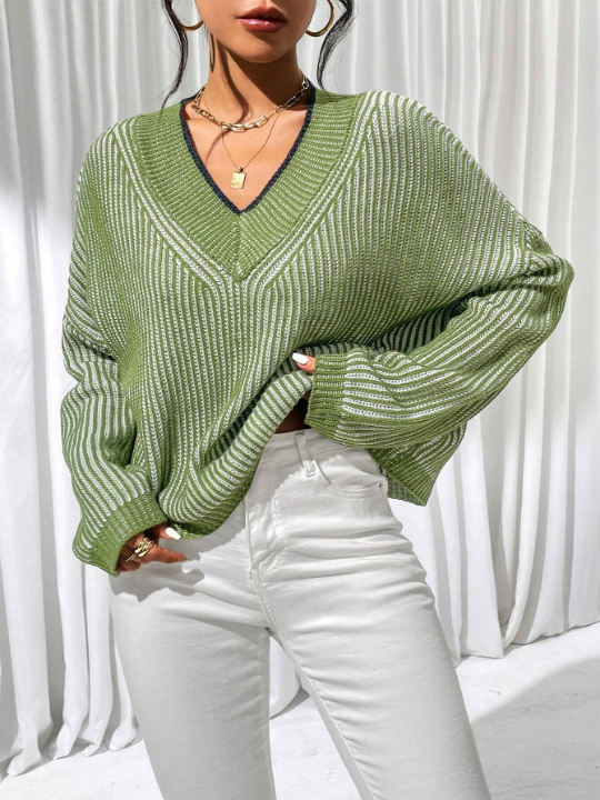 Priv Striped Pattern Drop Shoulder Sweater