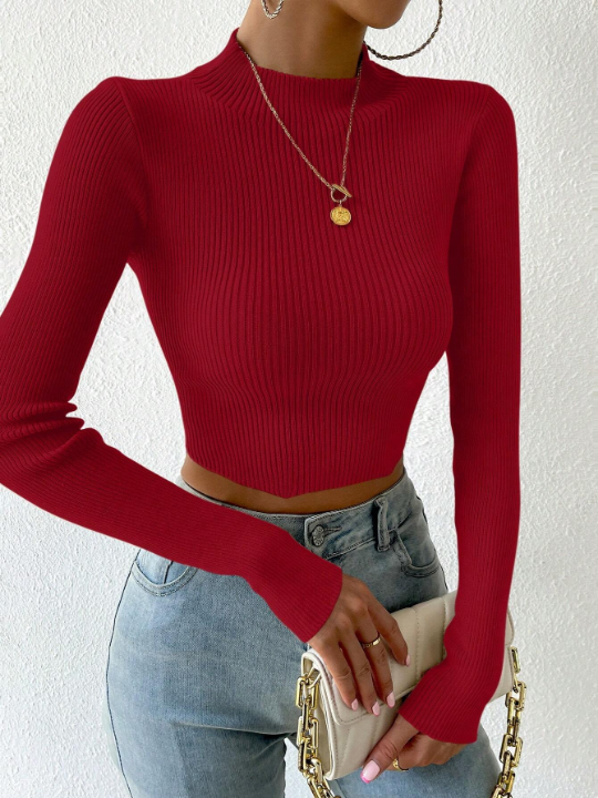 Priv Mock Neck Ribbed Knit Crop Sweater