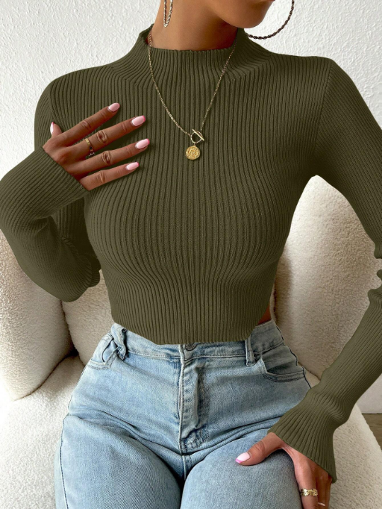 Priv Mock Neck Ribbed Knit Crop Sweater