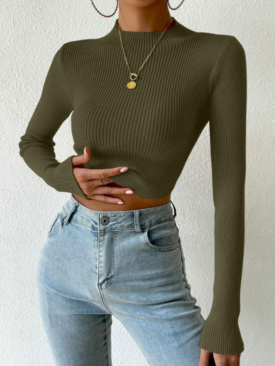 Priv Mock Neck Ribbed Knit Crop Sweater