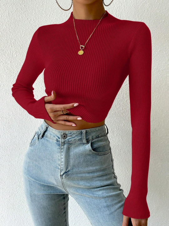 Priv Mock Neck Ribbed Knit Crop Sweater