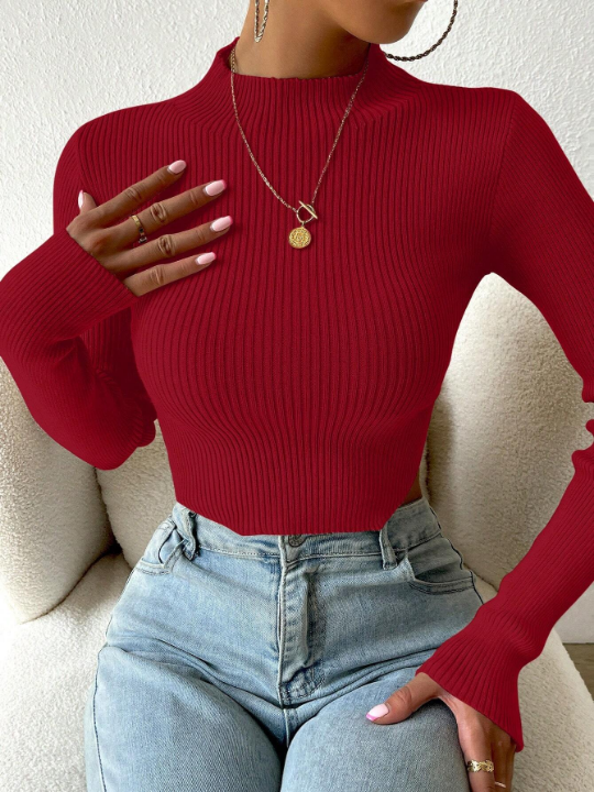 Priv Mock Neck Ribbed Knit Crop Sweater