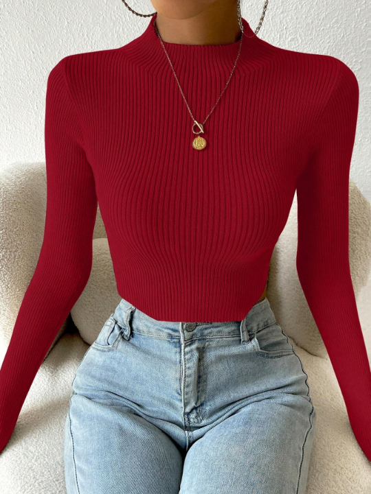 Priv Mock Neck Ribbed Knit Crop Sweater