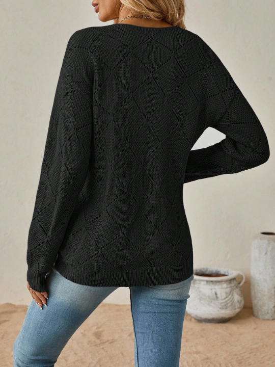 LUNE Solid V Neck Pointelle Knit Sweater