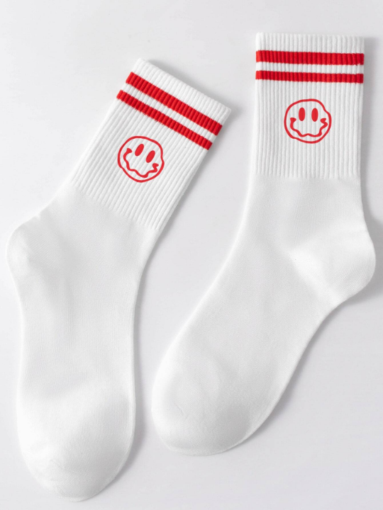 1 Pair Men's Mid-calf Socks With Face Pattern, Red & Double Striped, Antimicrobial, Sweat-absorbent, Casual & Versatile Style, Suitable For Daily Life