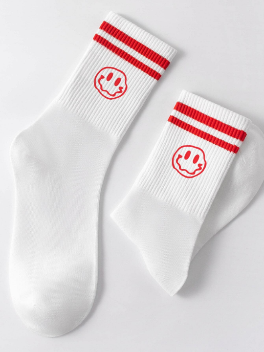 1 Pair Men's Mid-calf Socks With Face Pattern, Red & Double Striped, Antimicrobial, Sweat-absorbent, Casual & Versatile Style, Suitable For Daily Life