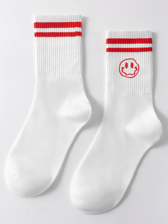 1 Pair Men's Mid-calf Socks With Face Pattern, Red & Double Striped, Antimicrobial, Sweat-absorbent, Casual & Versatile Style, Suitable For Daily Life